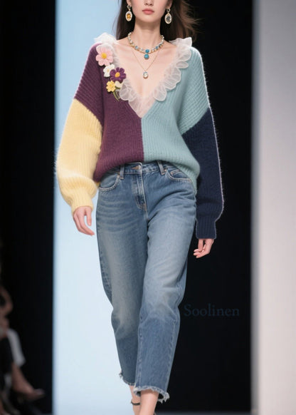 New Colorblock V Neck Ruffled Floral Knitted Tops Fall