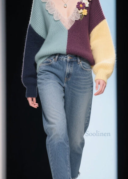 New Colorblock V Neck Ruffled Floral Knitted Tops Fall