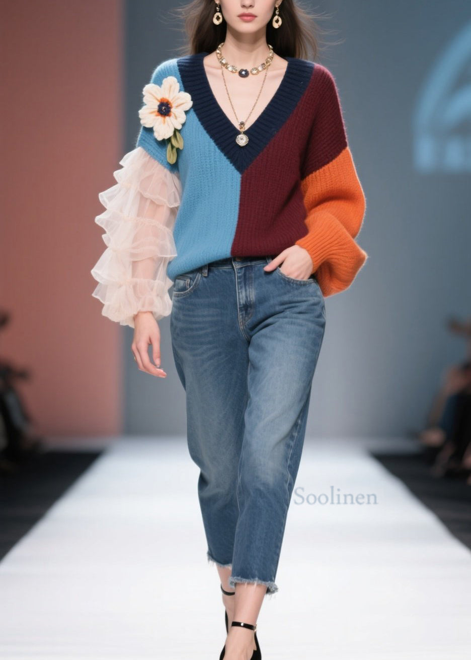 New Colorblock V Neck Tulle Floral Knit Sweater Fall