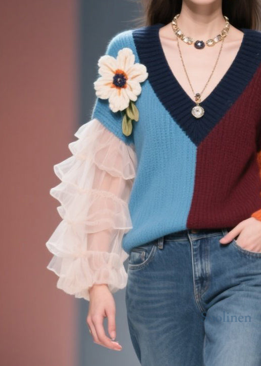 New Colorblock V Neck Tulle Floral Knit Sweater Fall