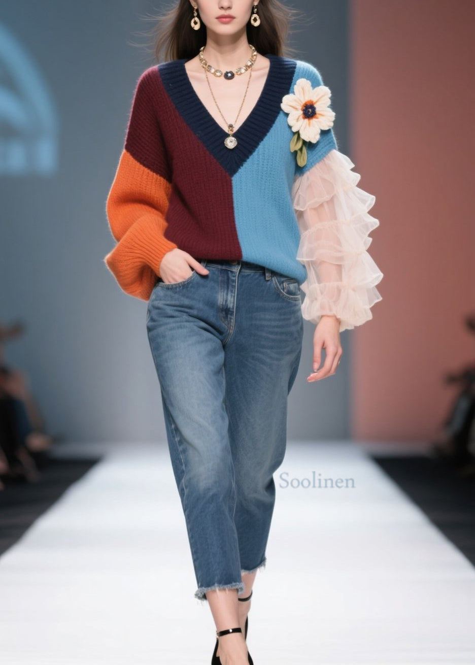 New Colorblock V Neck Tulle Floral Knit Sweater Fall