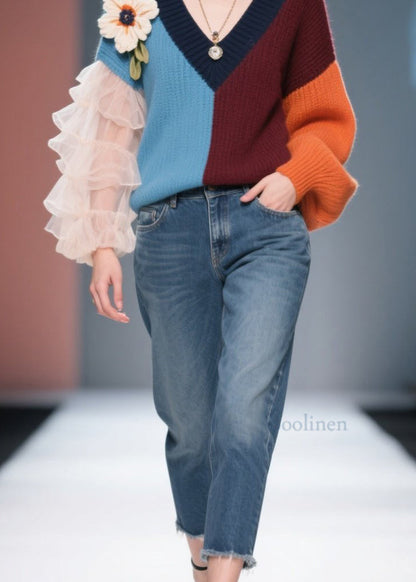 New Colorblock V Neck Tulle Floral Knit Sweater Fall
