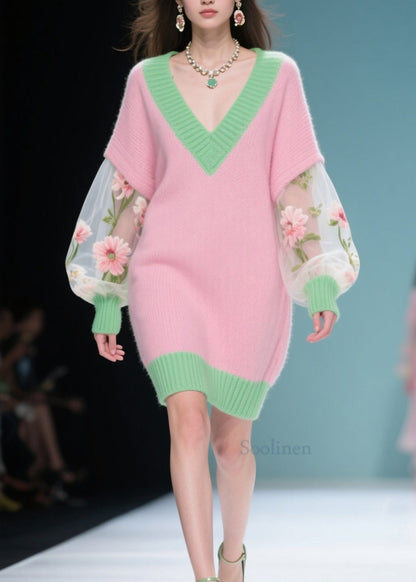 New Colorblock V Neck Tulle Patchwork Knit Sweater Dress Fall