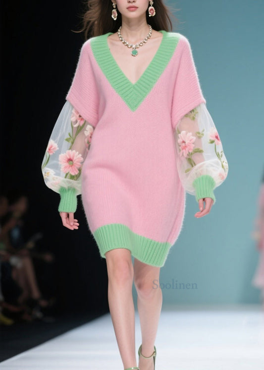 New Colorblock V Neck Tulle Patchwork Knit Sweater Dress Fall