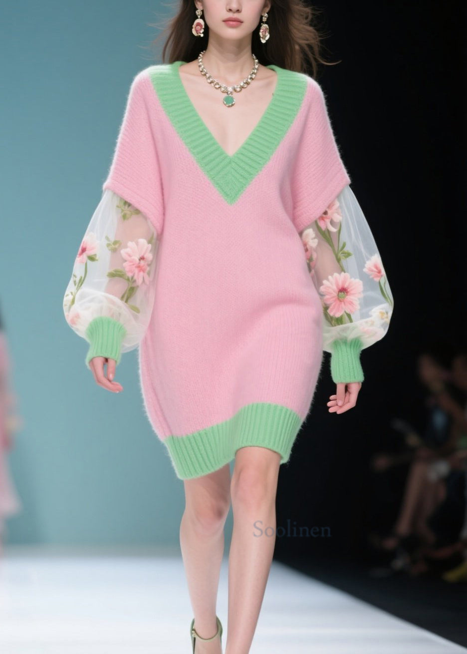 New Colorblock V Neck Tulle Patchwork Knit Sweater Dress Fall