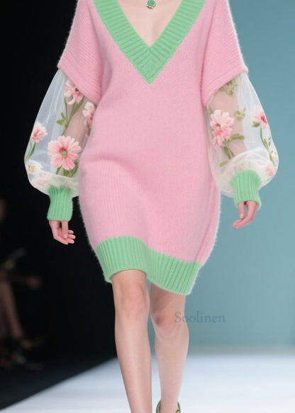 New Colorblock V Neck Tulle Patchwork Knit Sweater Dress Fall