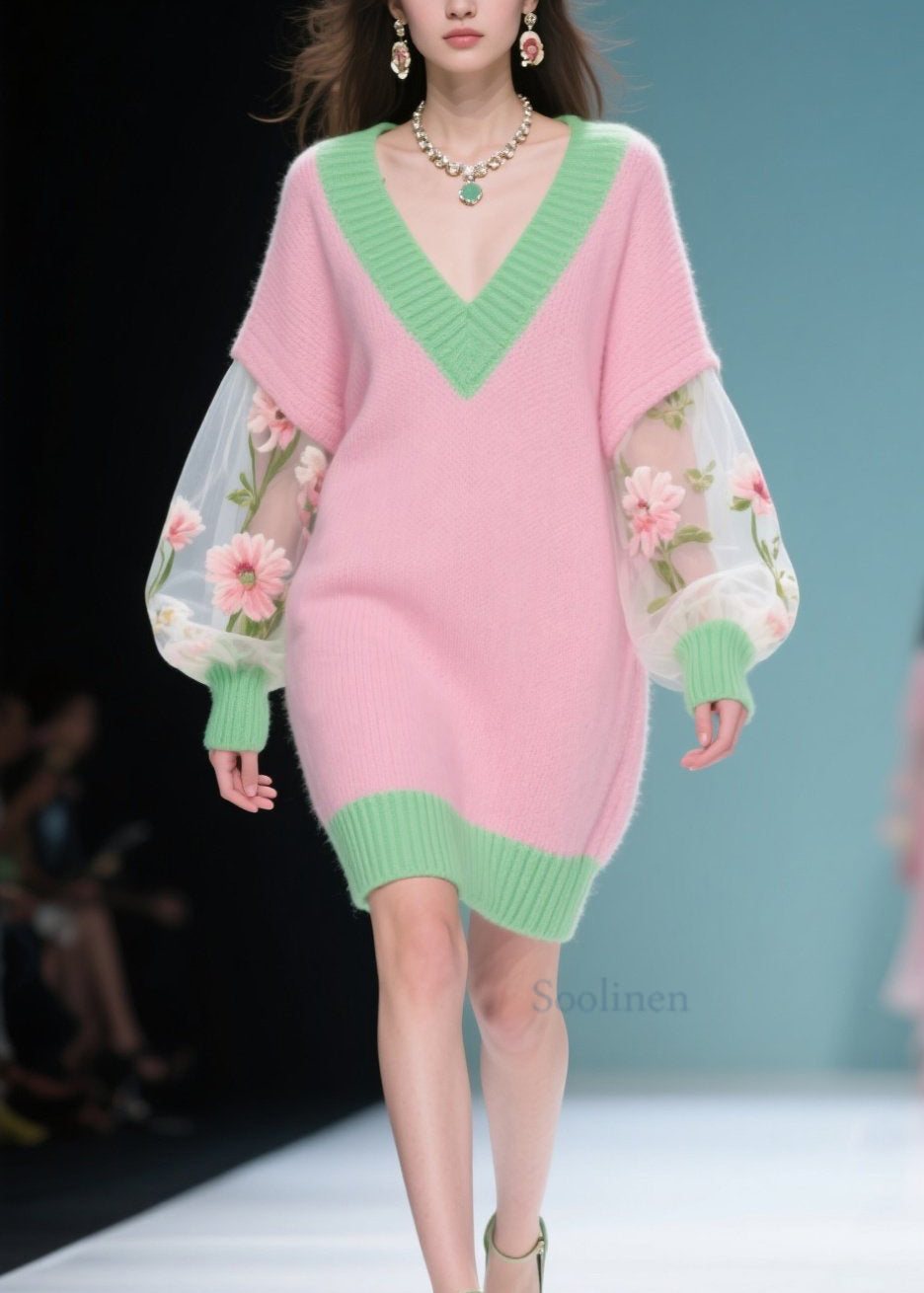 New Colorblock V Neck Tulle Patchwork Knit Sweater Dress Fall