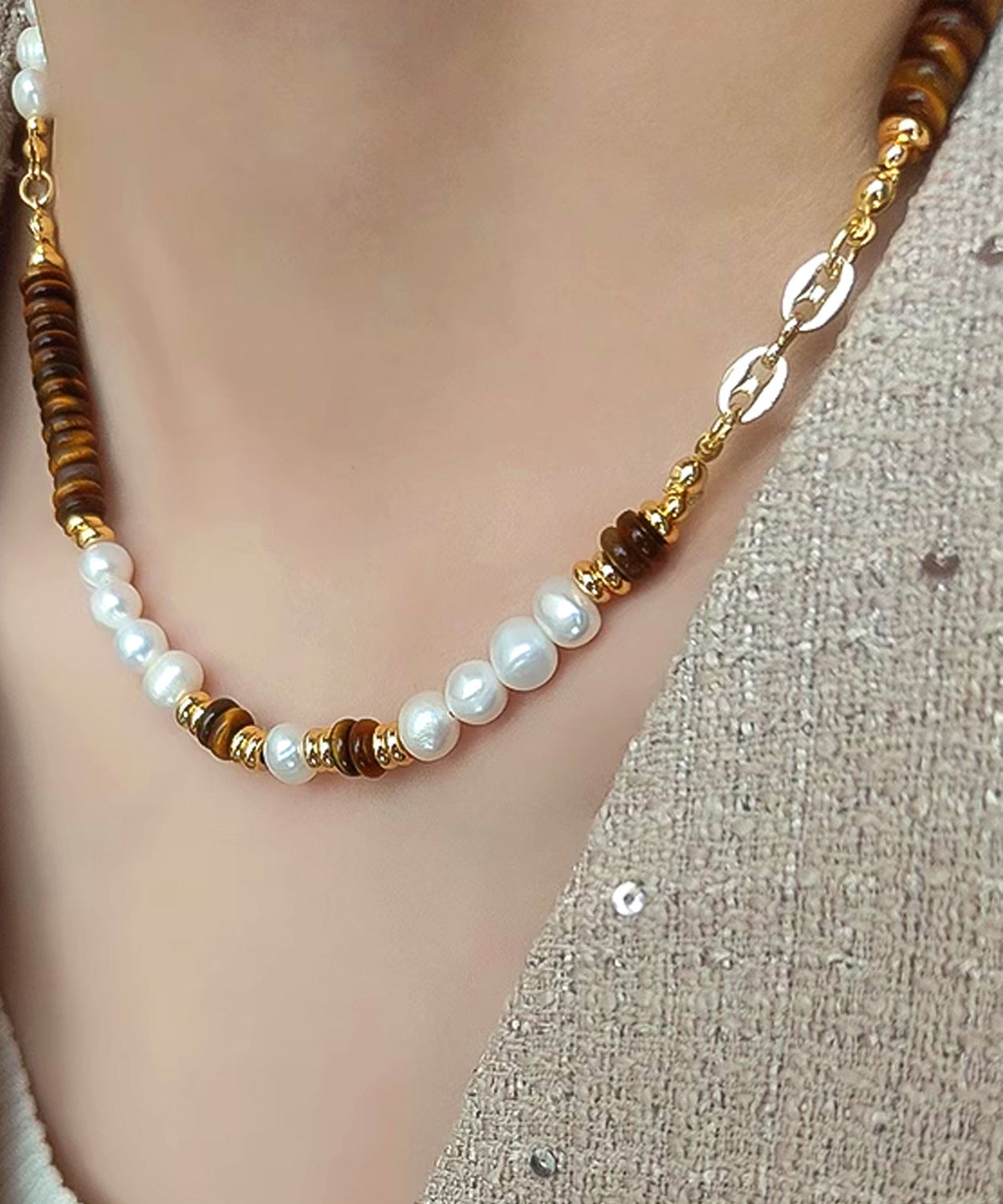 New ColorblockC Stainless Steel Tiger's Eye Patchwork Pearl Gratuated Bead Necklace