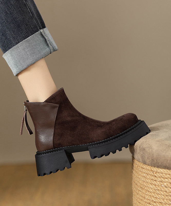 New Comfortable Splicing Chunky Boots Brown Suede