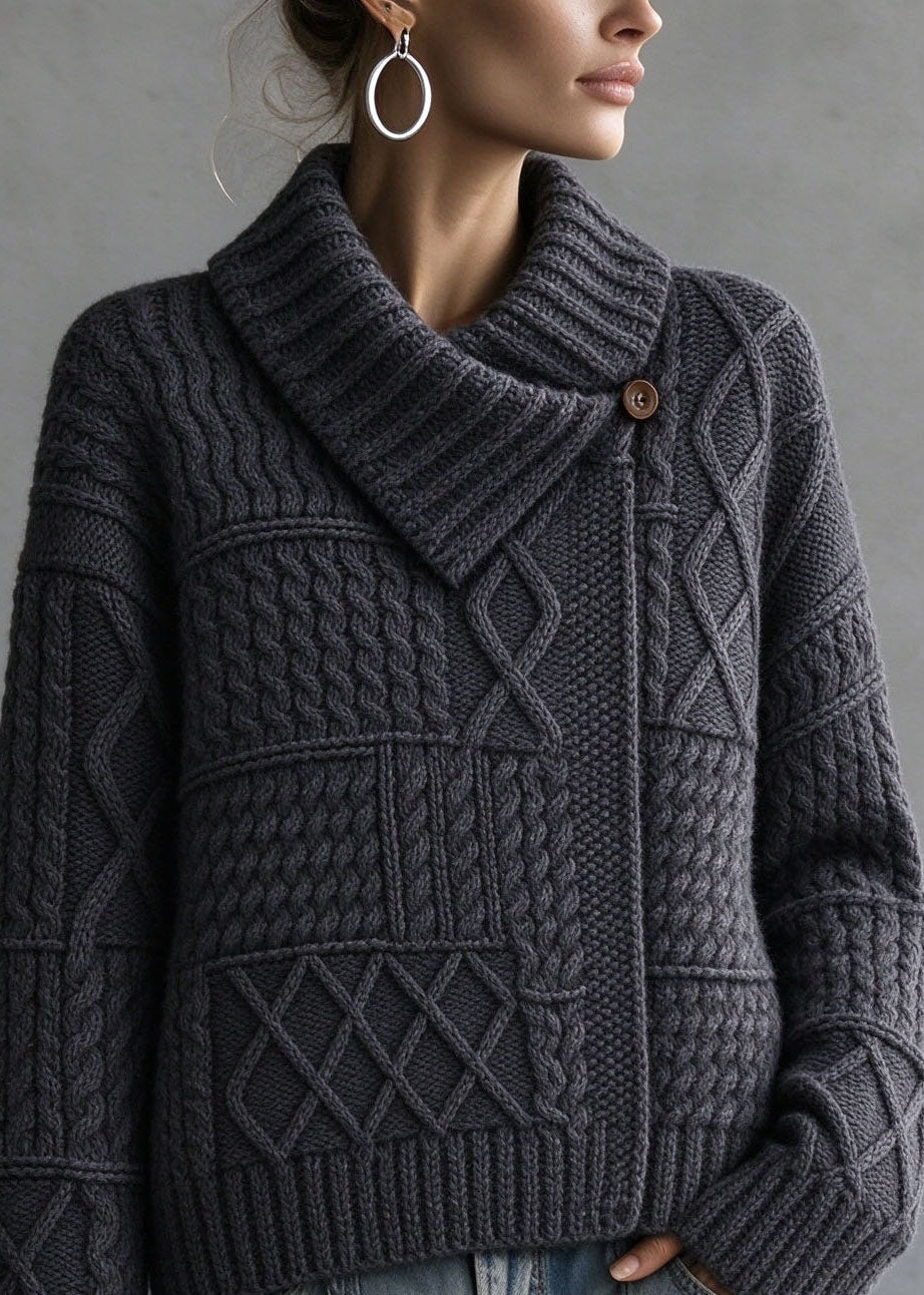 New Dark Grey Peter Pan Collar Thick Cable Knit Sweater Fall