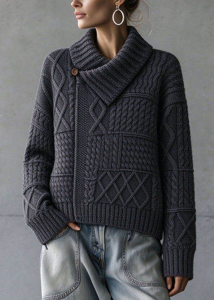New Dark Grey Peter Pan Collar Thick Cable Knit Sweater Fall