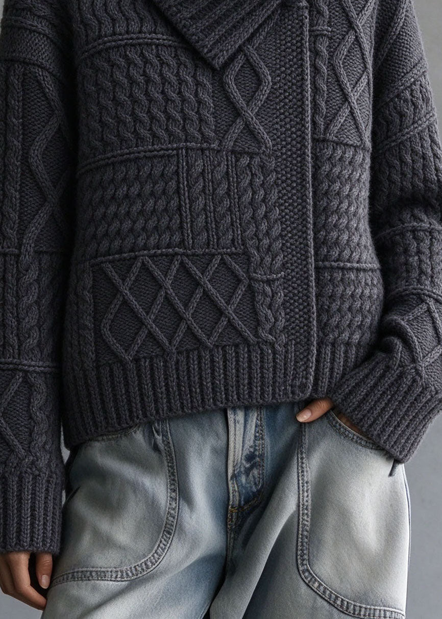 New Dark Grey Peter Pan Collar Thick Cable Knit Sweater Fall