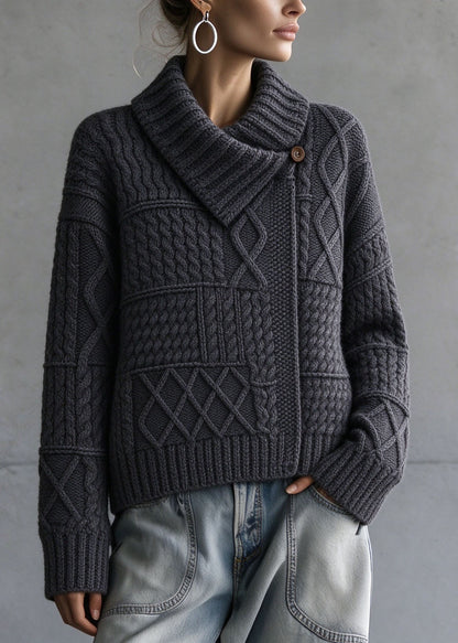 New Dark Grey Peter Pan Collar Thick Cable Knit Sweater Fall
