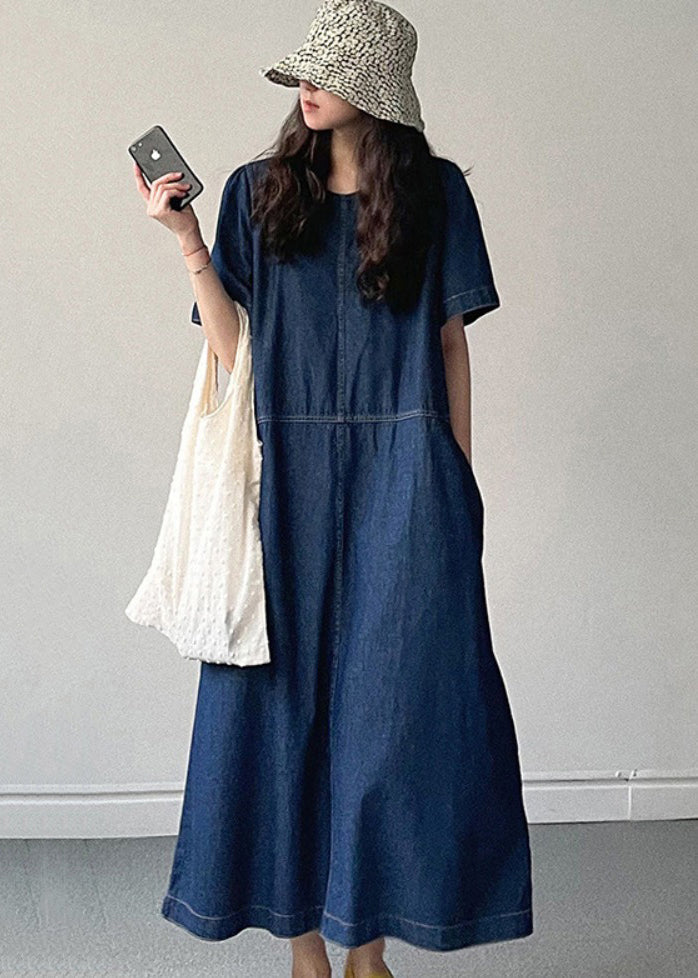 New Denim Blue O Neck Pockets Long Dress Summer