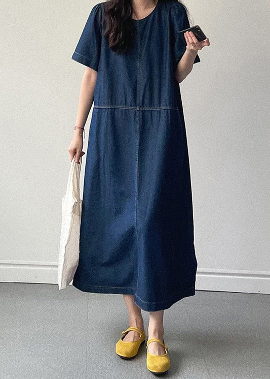 New Denim Blue O Neck Pockets Long Dress Summer