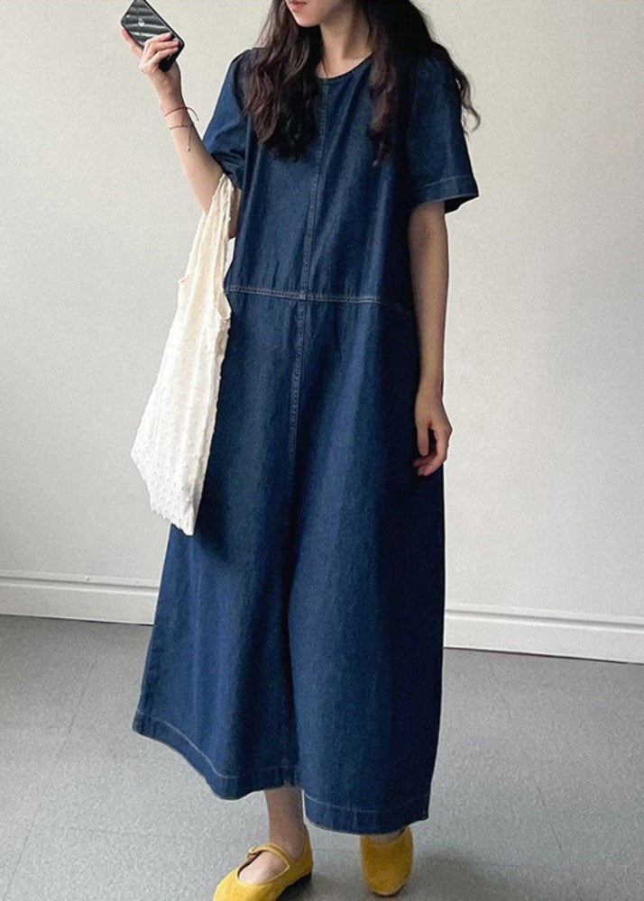 New Denim Blue O Neck Pockets Long Dress Summer
