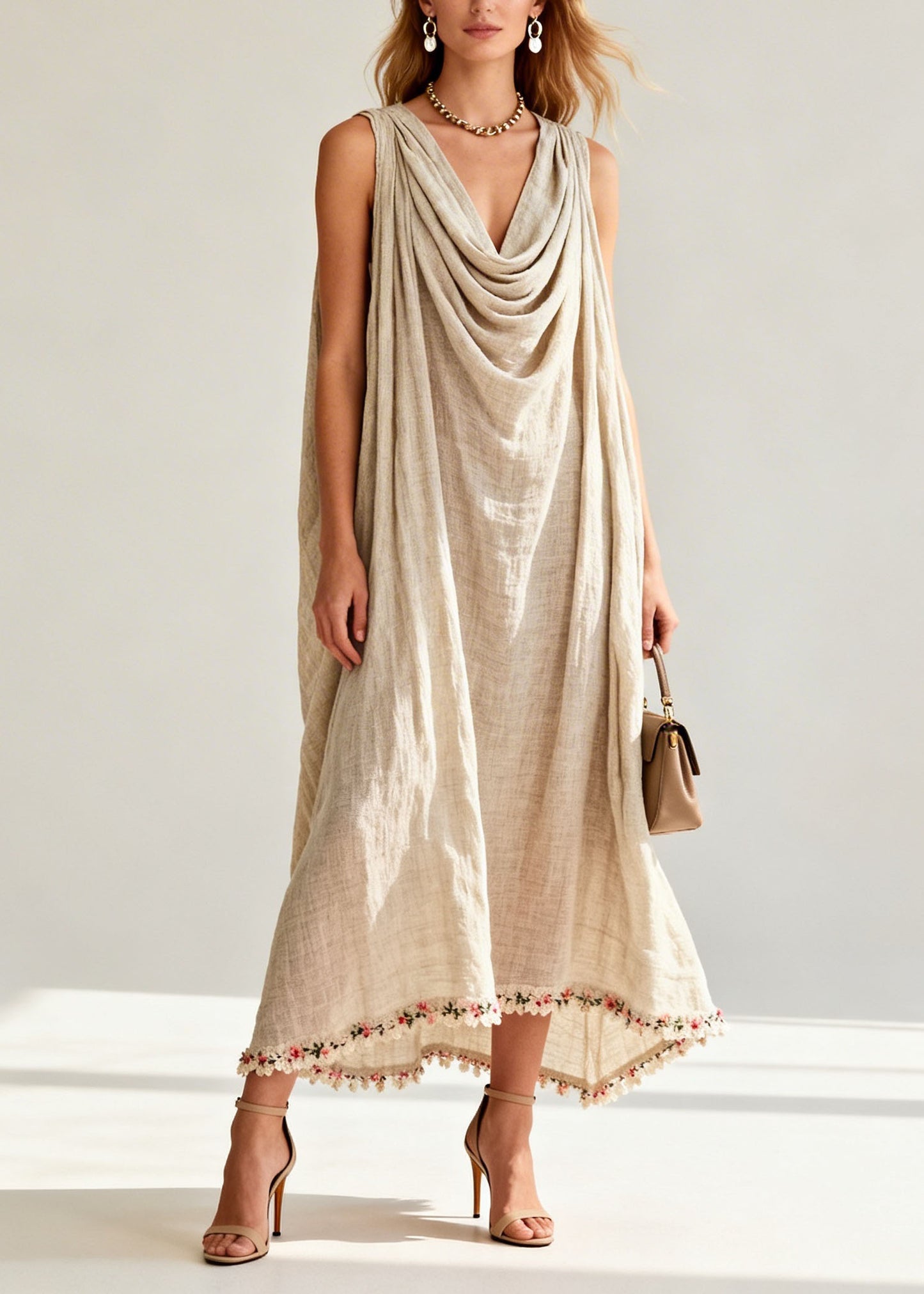 New Draped Neckline Floral Patchwork Linen Long Dresses Sleeveless