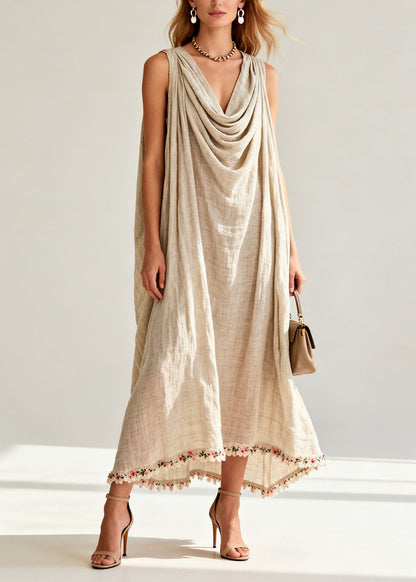New Draped Neckline Floral Patchwork Linen Long Dresses Sleeveless