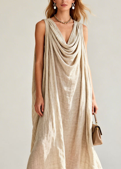New Draped Neckline Floral Patchwork Linen Long Dresses Sleeveless