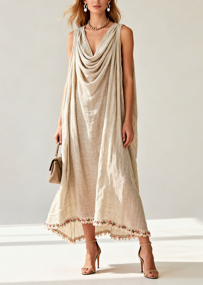 New Draped Neckline Floral Patchwork Linen Long Dresses Sleeveless