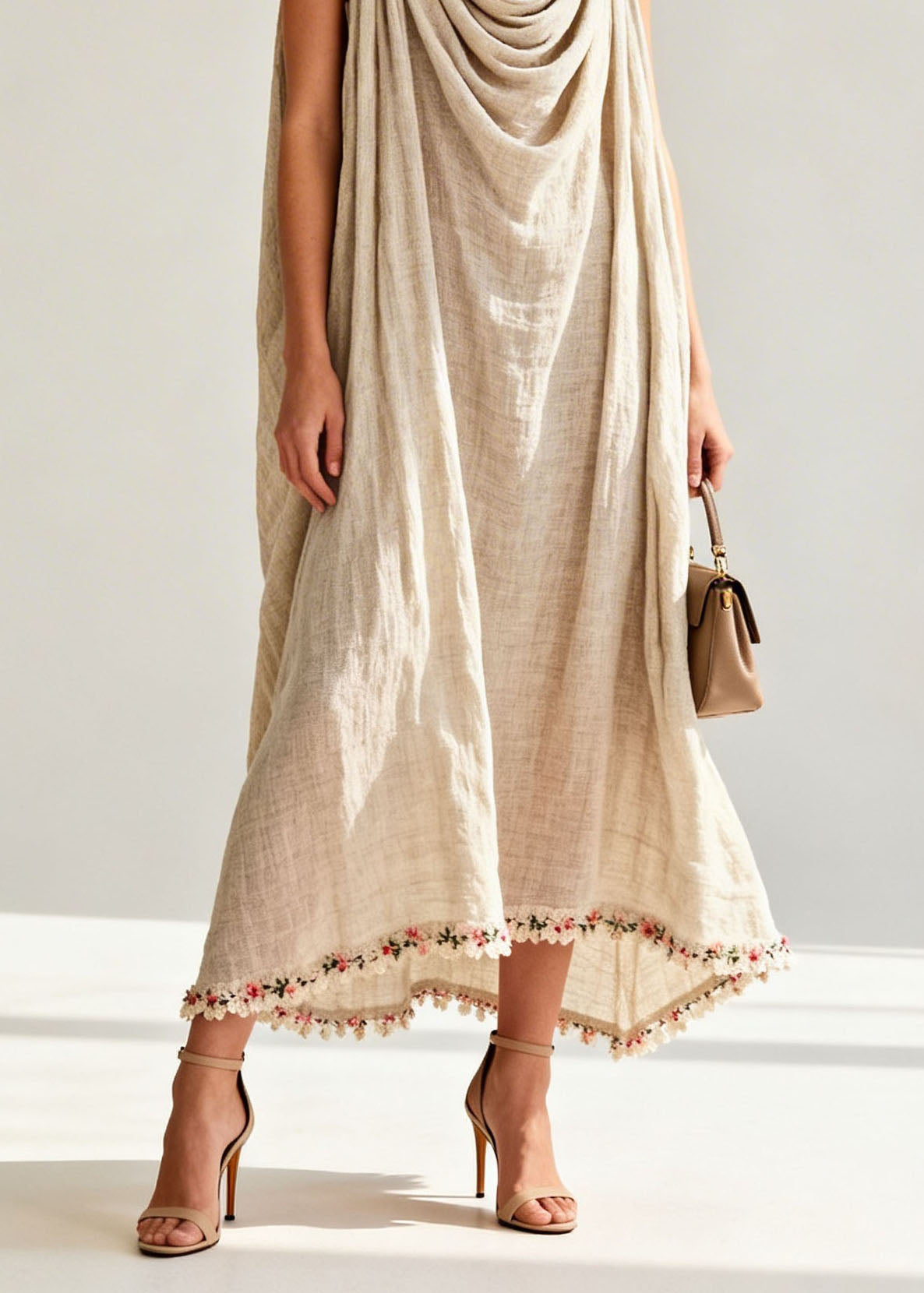 New Draped Neckline Floral Patchwork Linen Long Dresses Sleeveless