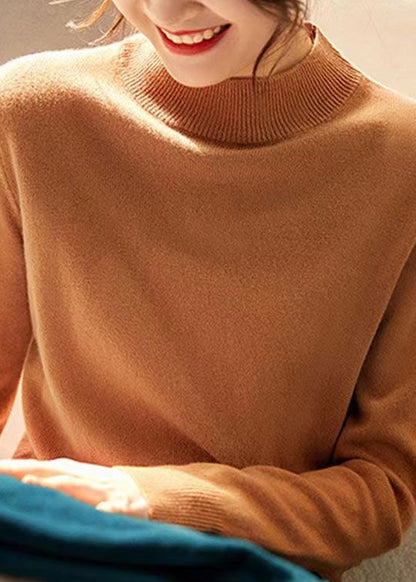 New Elegant Camel Stand Collar Woolen Knit Pullover Fall