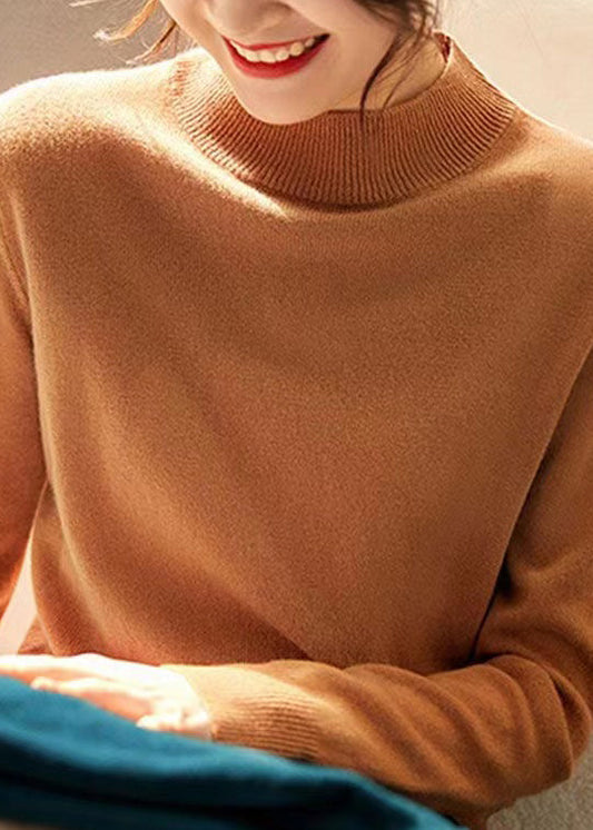 New Elegant Camel Stand Collar Woolen Knit Pullover Fall