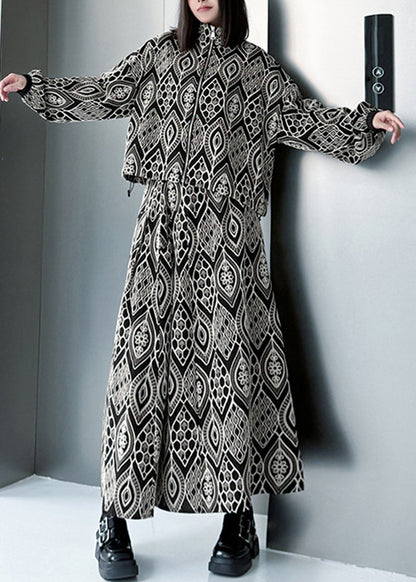 New Embroidered High Collar Print Top And Skirt Two Piece Set For Autumn