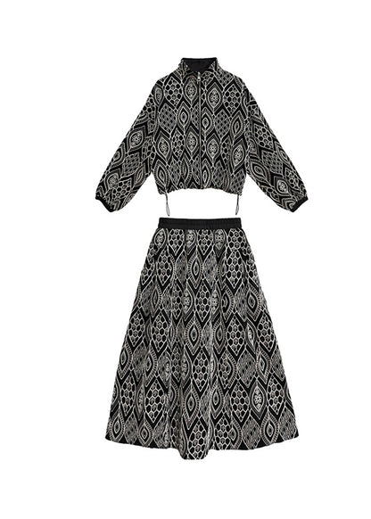 New Embroidered High Collar Print Top And Skirt Two Piece Set For Autumn