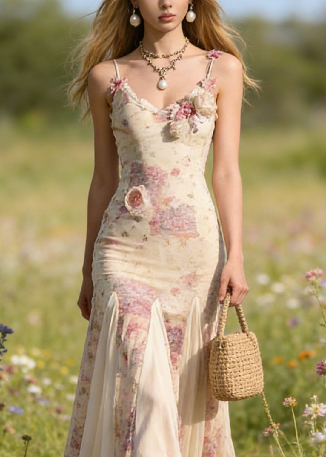 New Floral Patchwork Tulle Spaghetti Strap Dress Summer