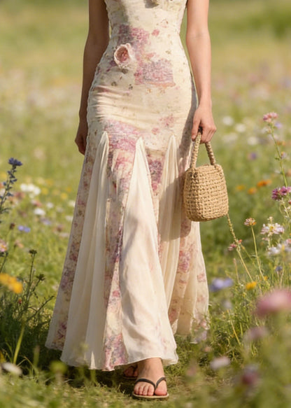 New Floral Patchwork Tulle Spaghetti Strap Dress Summer