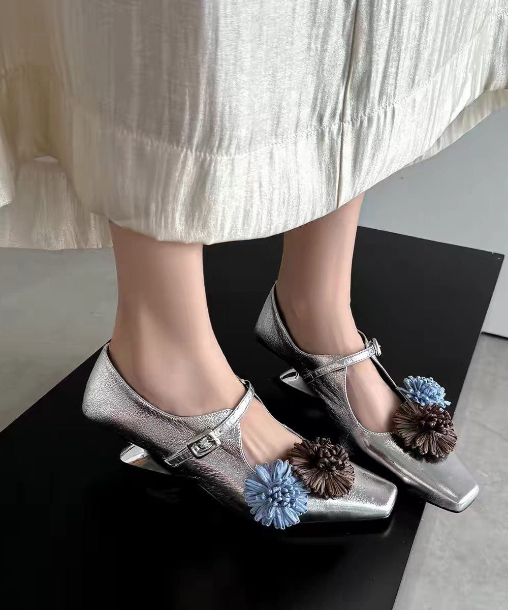 New Floral Splicing Wedge Heels Shoes Silver Faux Leather