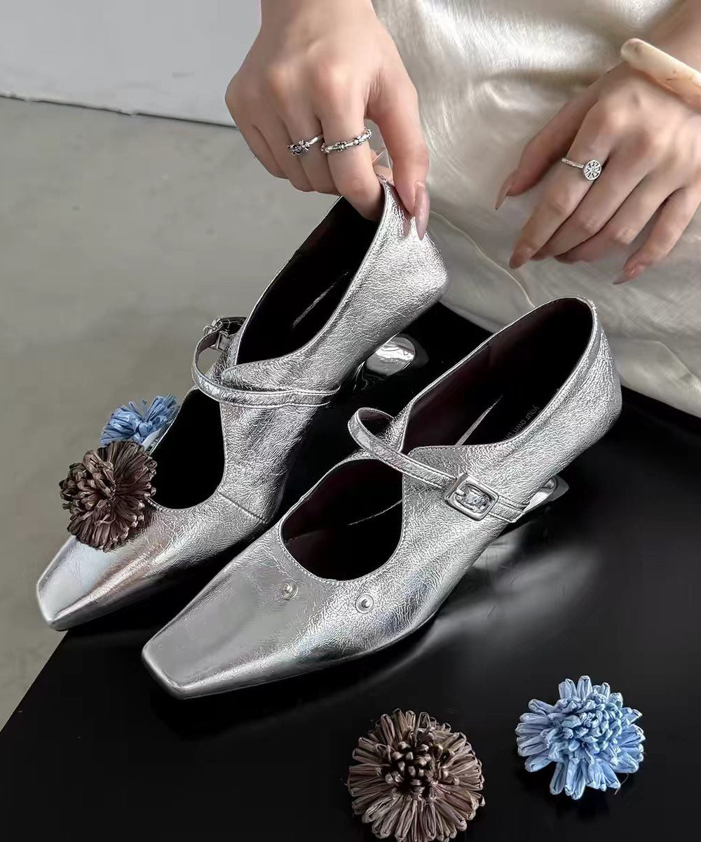 New Floral Splicing Wedge Heels Shoes Silver Faux Leather