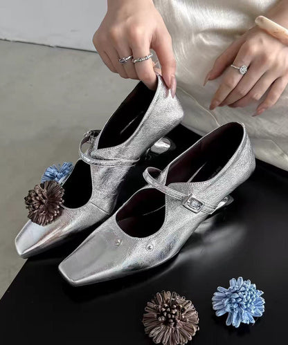 New Floral Splicing Wedge Heels Shoes Silver Faux Leather