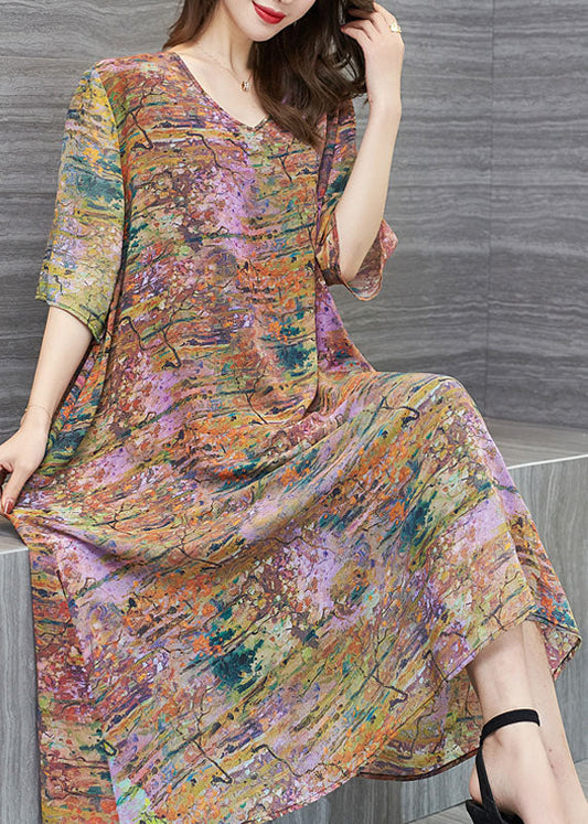 New Floral V Neck Patchwork Chiffon Mid Dress Summer