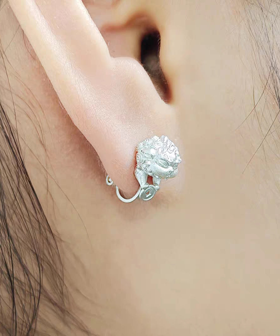 New Gold Auspicious Pixiu Silver Single Ear Clip Stud Earrings