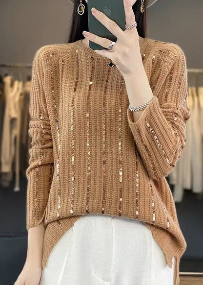 New Gold Camel O Neck Sequins Knit Sweater Tops Winter
