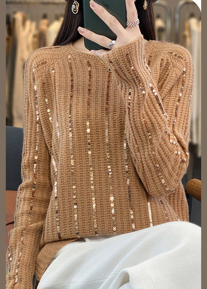 New Gold Camel O Neck Sequins Knit Sweater Tops Winter