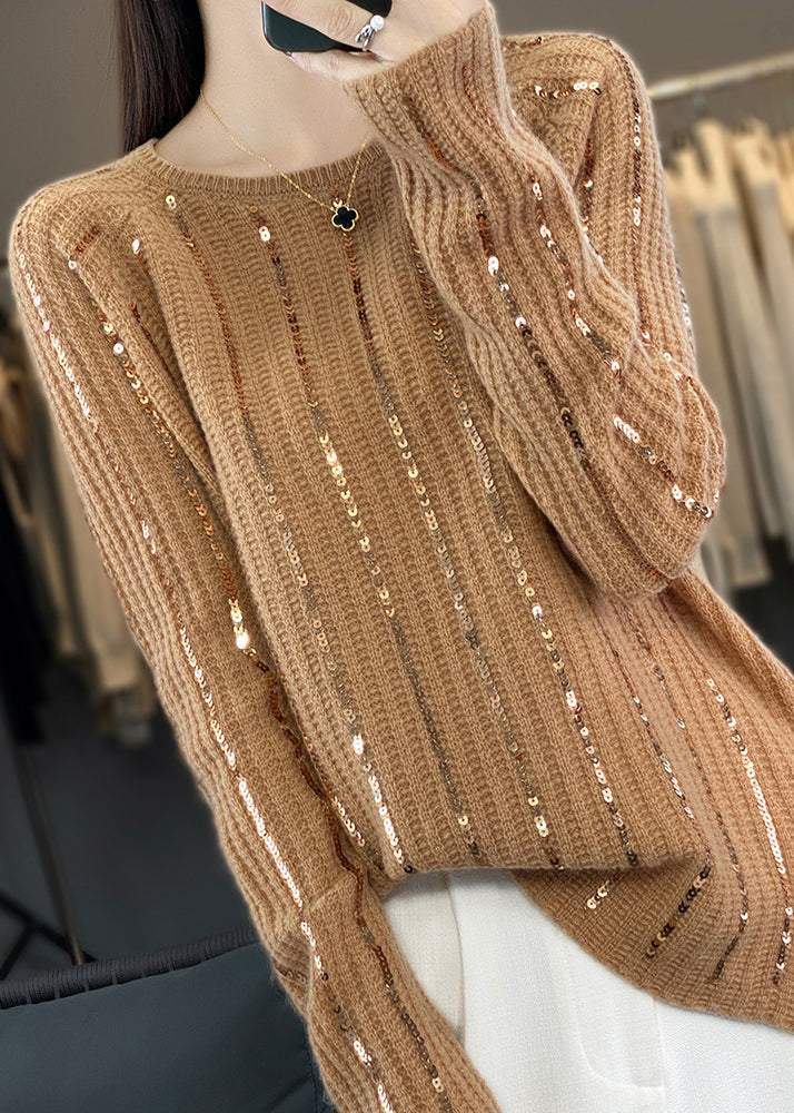 New Gold Camel O Neck Sequins Knit Sweater Tops Winter
