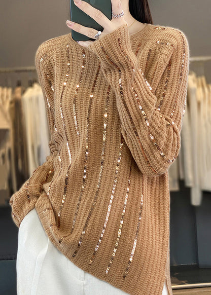 New Gold Camel O Neck Sequins Knit Sweater Tops Winter