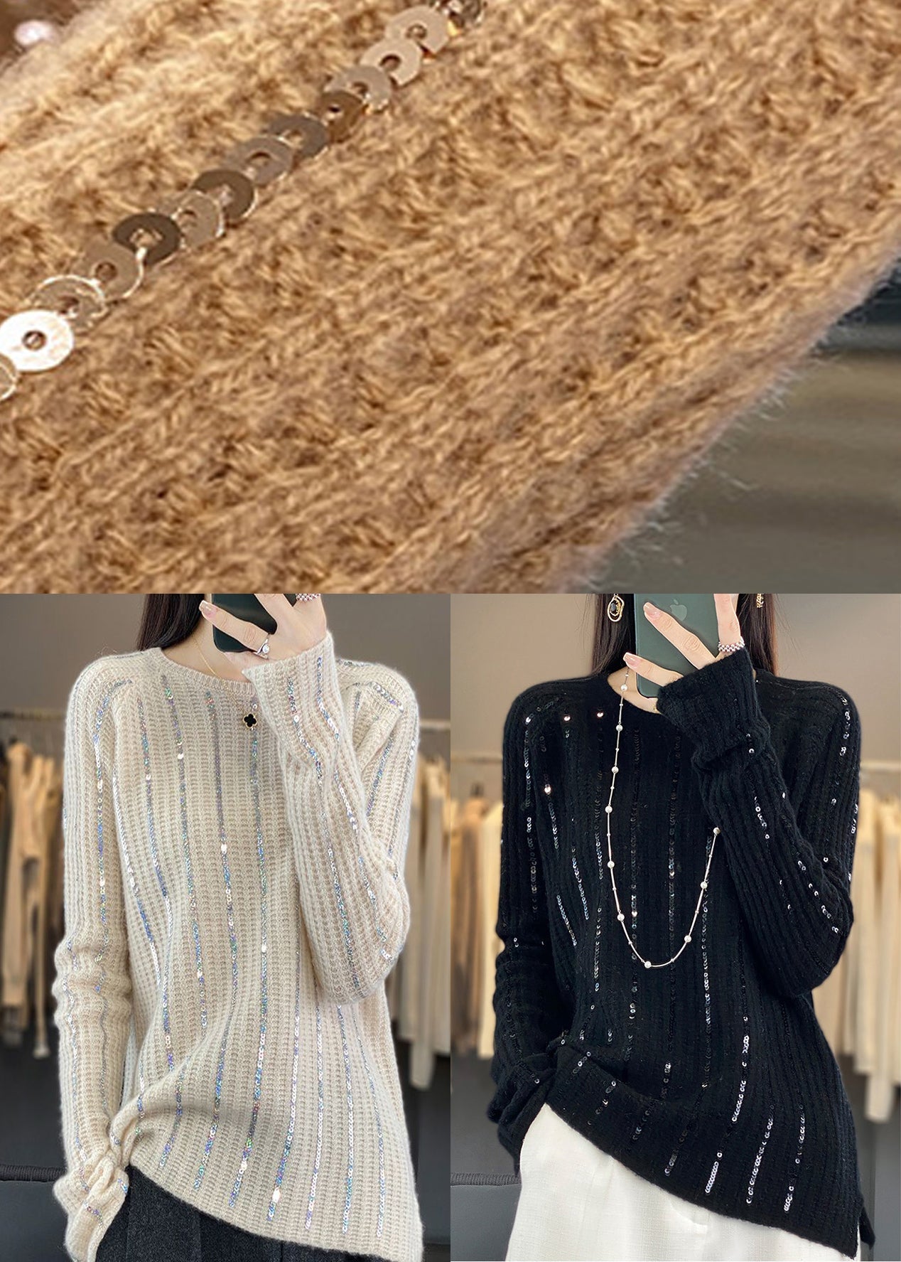 New Gold Camel O Neck Sequins Knit Sweater Tops Winter
