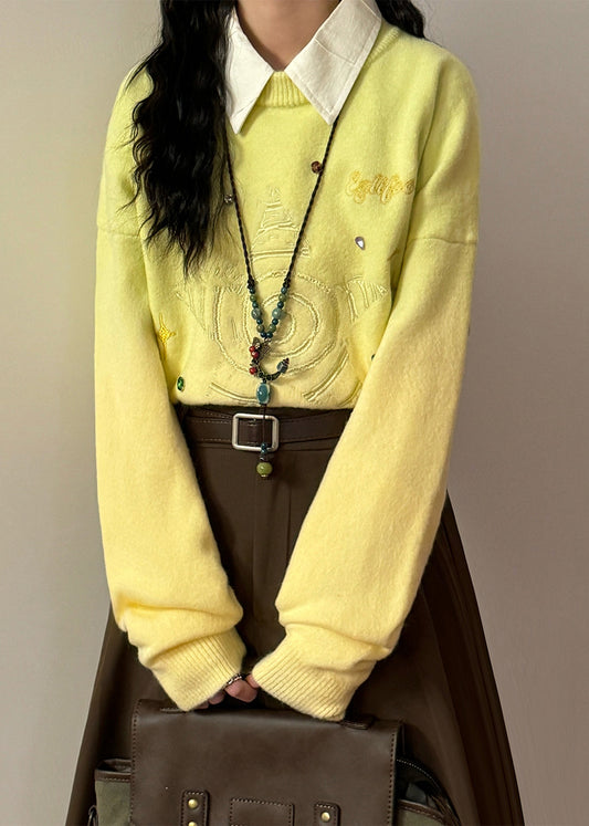 New Gradient Color Embroidered Cozy Knit Sweater Tops Spring