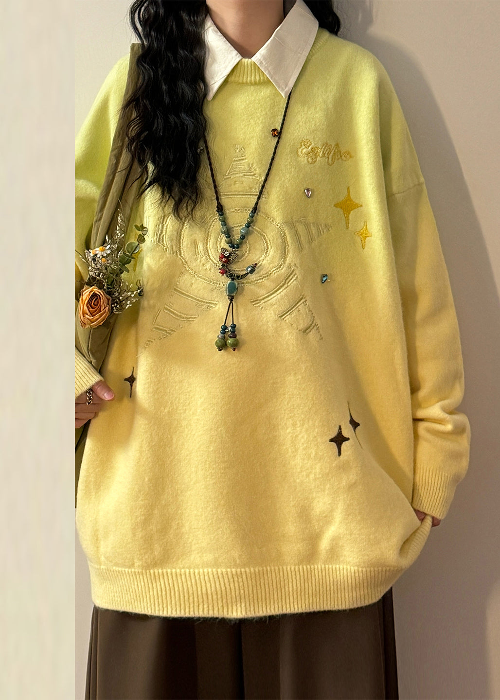 New Gradient Color Embroidered Cozy Knit Sweater Tops Spring