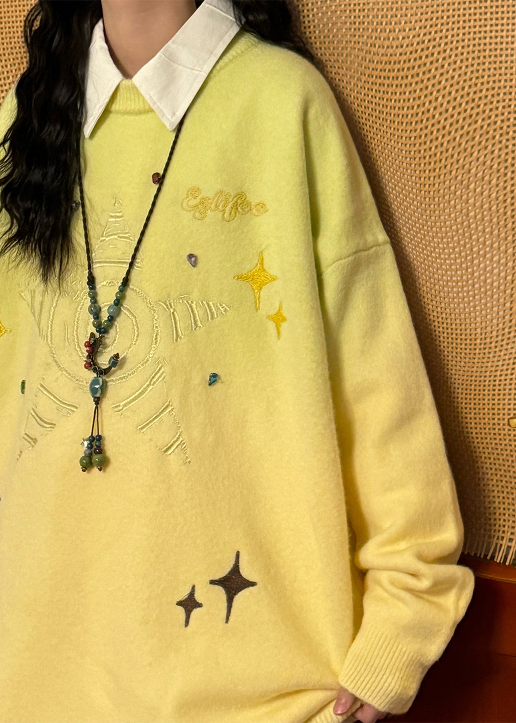 New Gradient Color Embroidered Cozy Knit Sweater Tops Spring