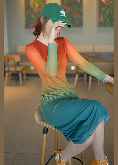 New Gradient Color O Neck Cotton Dress Long Sleeve