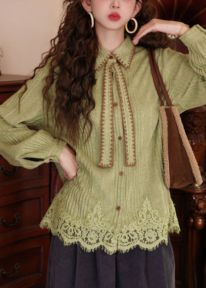 New Grass Green Peter Pan Collar Button Lace Patchwork Knit Shirts Sweater Spring