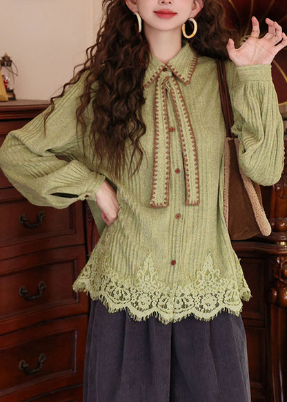 New Grass Green Peter Pan Collar Button Lace Patchwork Knit Shirts Sweater Spring