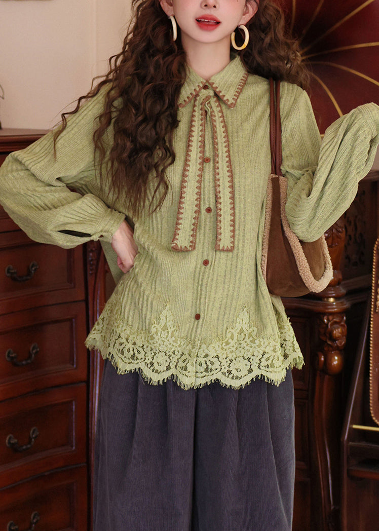 New Grass Green Peter Pan Collar Button Lace Patchwork Knit Shirts Sweater Spring