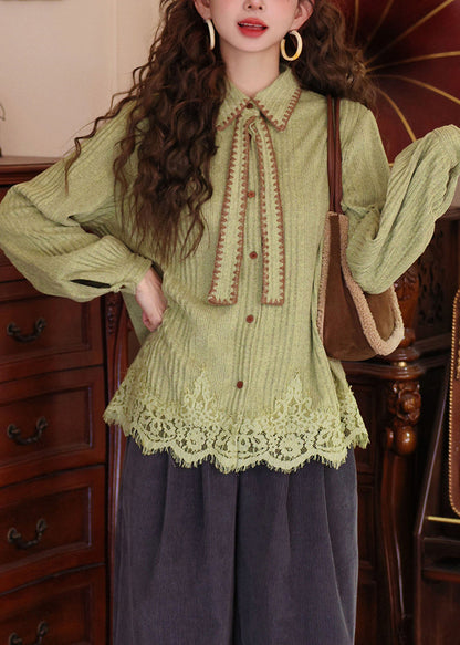 New Grass Green Peter Pan Collar Button Lace Patchwork Knit Shirts Sweater Spring
