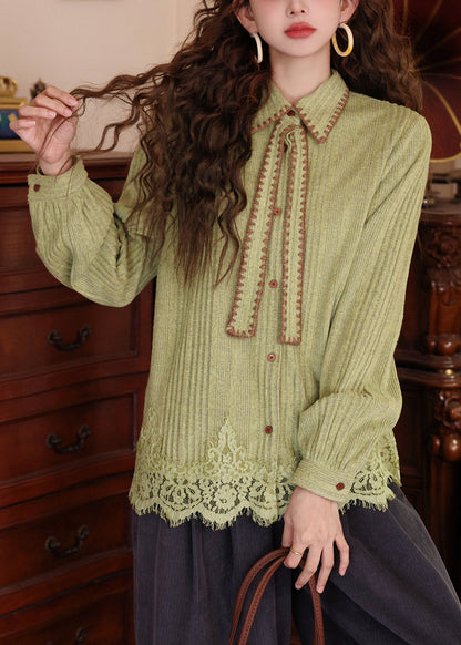 New Grass Green Peter Pan Collar Button Lace Patchwork Knit Shirts Sweater Spring